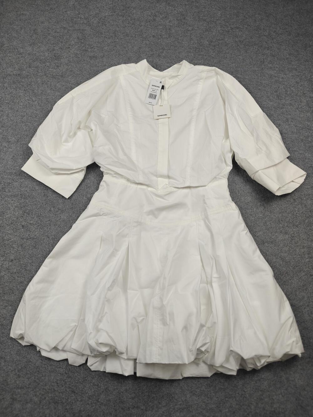 SIMKHAI Dress Womens 8 White Fit Flare Shirt Dress Bubble Hem Pleated MSRP $495